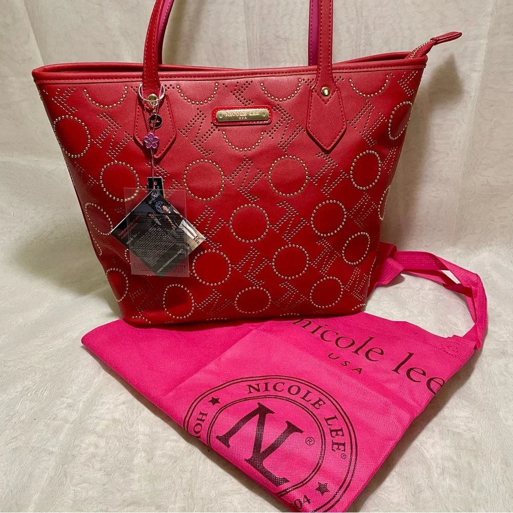Nicole Lee NL Laser Cut Monogram Shopper with Studding, NWT and Dustbag
